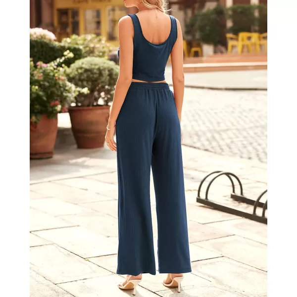imageBTFBM Women Summer 2023 Two Piece Casual Outfits Lounge Set Ribbed Knit Bodycon Crop Top Long Pants Tracksuits SweatsuitSleeveless Navy