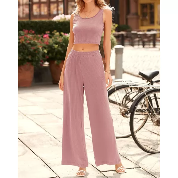 imageBTFBM Women Summer 2023 Two Piece Casual Outfits Lounge Set Ribbed Knit Bodycon Crop Top Long Pants Tracksuits SweatsuitSleeveless Pink