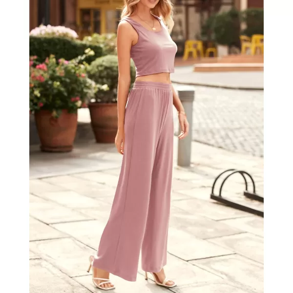 imageBTFBM Women Summer 2023 Two Piece Casual Outfits Lounge Set Ribbed Knit Bodycon Crop Top Long Pants Tracksuits SweatsuitSleeveless Pink