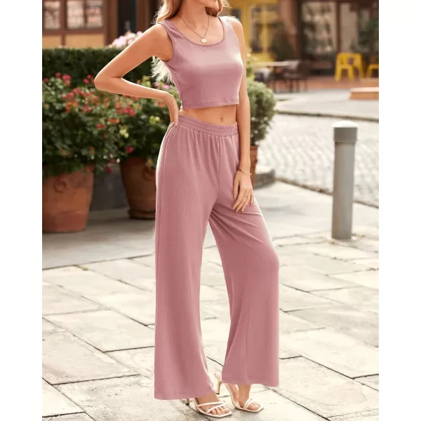 imageBTFBM Women Summer 2023 Two Piece Casual Outfits Lounge Set Ribbed Knit Bodycon Crop Top Long Pants Tracksuits SweatsuitSleeveless Pink