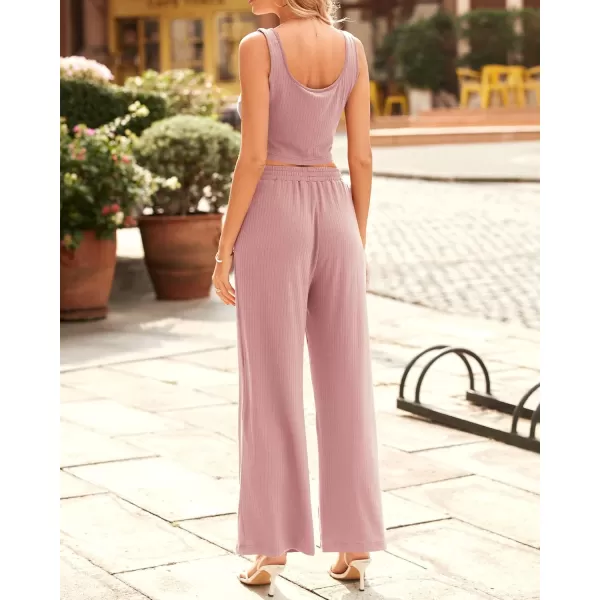 imageBTFBM Women Summer 2023 Two Piece Casual Outfits Lounge Set Ribbed Knit Bodycon Crop Top Long Pants Tracksuits SweatsuitSleeveless Pink