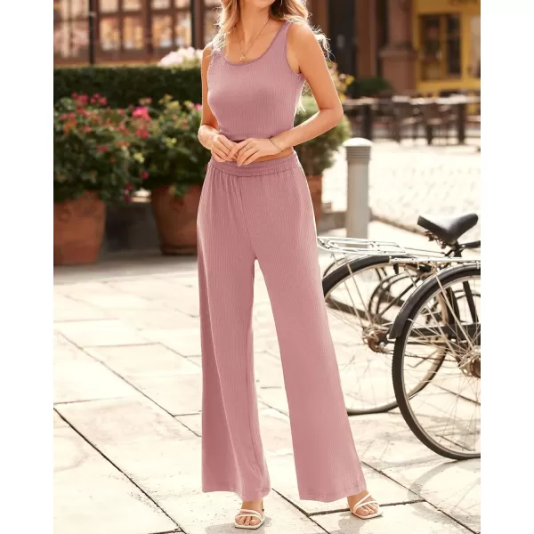 imageBTFBM Women Summer 2023 Two Piece Casual Outfits Lounge Set Ribbed Knit Bodycon Crop Top Long Pants Tracksuits SweatsuitSleeveless Pink