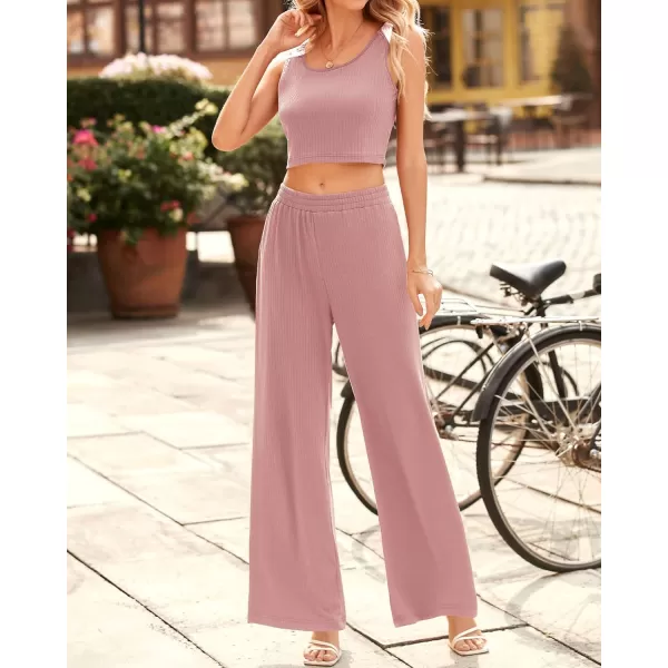imageBTFBM Women Summer 2023 Two Piece Casual Outfits Lounge Set Ribbed Knit Bodycon Crop Top Long Pants Tracksuits SweatsuitSleeveless Pink