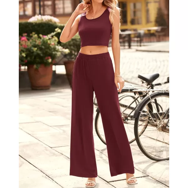 imageBTFBM Women Summer 2023 Two Piece Casual Outfits Lounge Set Ribbed Knit Bodycon Crop Top Long Pants Tracksuits SweatsuitSleeveless Wine Red