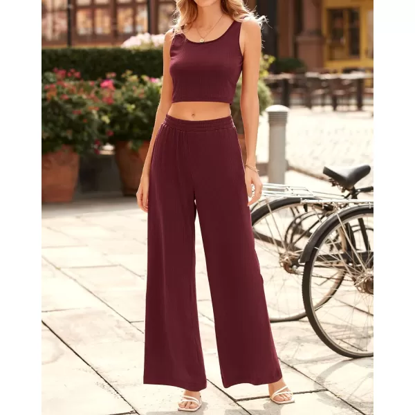 imageBTFBM Women Summer 2023 Two Piece Casual Outfits Lounge Set Ribbed Knit Bodycon Crop Top Long Pants Tracksuits SweatsuitSleeveless Wine Red