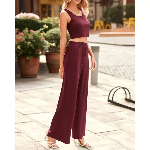imageBTFBM Women Summer 2023 Two Piece Casual Outfits Lounge Set Ribbed Knit Bodycon Crop Top Long Pants Tracksuits SweatsuitSleeveless Wine Red