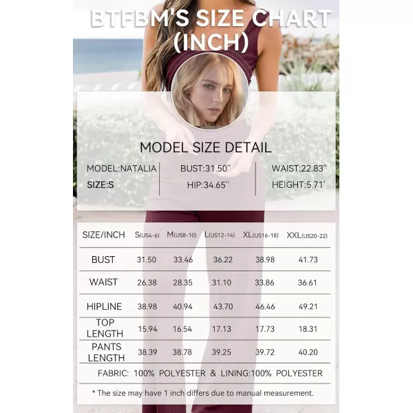 imageBTFBM Women Summer 2023 Two Piece Casual Outfits Lounge Set Ribbed Knit Bodycon Crop Top Long Pants Tracksuits SweatsuitSleeveless Wine Red