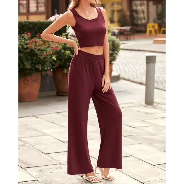 imageBTFBM Women Summer 2023 Two Piece Casual Outfits Lounge Set Ribbed Knit Bodycon Crop Top Long Pants Tracksuits SweatsuitSleeveless Wine Red