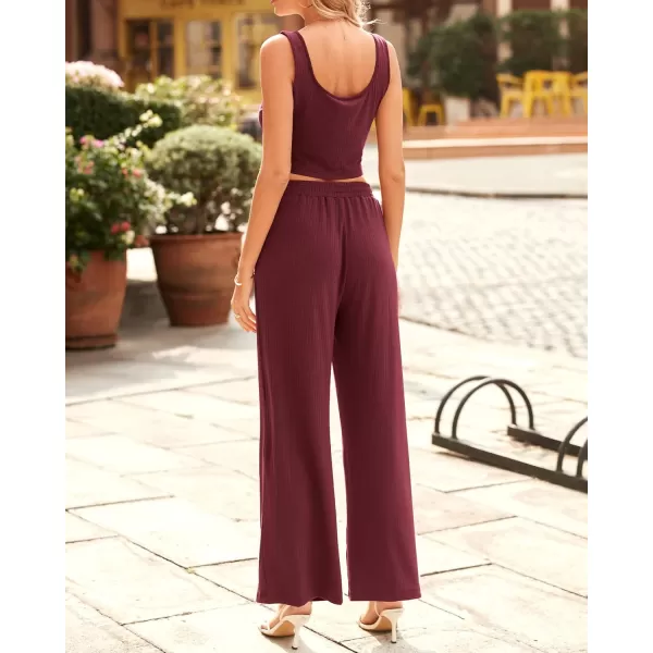 imageBTFBM Women Summer 2023 Two Piece Casual Outfits Lounge Set Ribbed Knit Bodycon Crop Top Long Pants Tracksuits SweatsuitSleeveless Wine Red