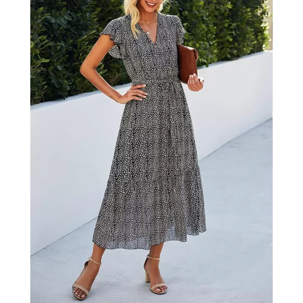 imageBTFBM Women Summer Bohemian Floral Casual Wrap V Neck Ruffle Cap Sleeveless Belt ALine Pleated Hem Swing Midi Sun DressBlack