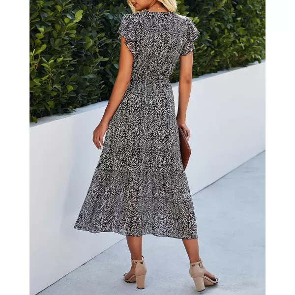 imageBTFBM Women Summer Bohemian Floral Casual Wrap V Neck Ruffle Cap Sleeveless Belt ALine Pleated Hem Swing Midi Sun DressBlack