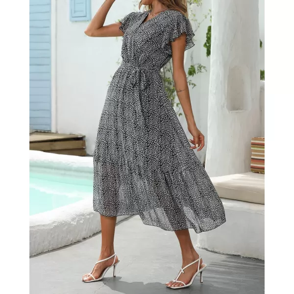 imageBTFBM Women Summer Bohemian Floral Casual Wrap V Neck Ruffle Cap Sleeveless Belt ALine Pleated Hem Swing Midi Sun DressBlack