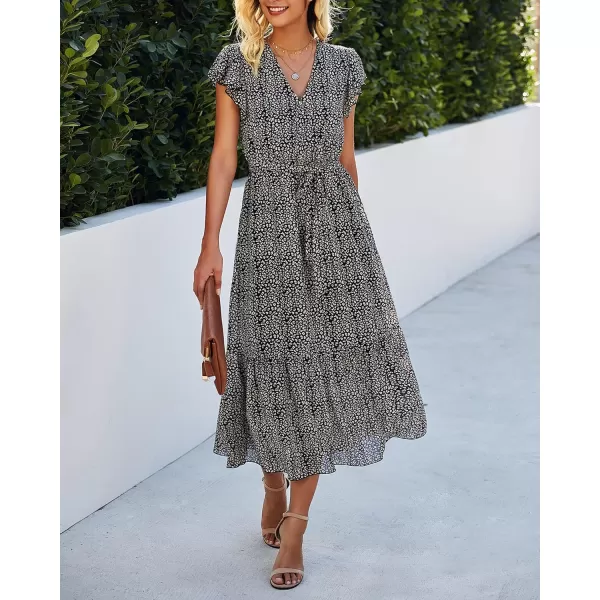 imageBTFBM Women Summer Bohemian Floral Casual Wrap V Neck Ruffle Cap Sleeveless Belt ALine Pleated Hem Swing Midi Sun DressBlack