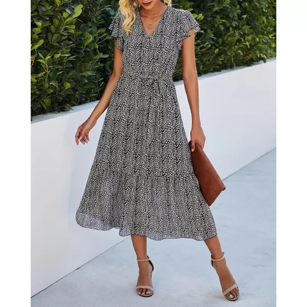 imageBTFBM Women Summer Bohemian Floral Casual Wrap V Neck Ruffle Cap Sleeveless Belt ALine Pleated Hem Swing Midi Sun DressBlack