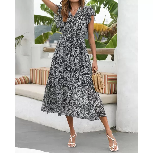 imageBTFBM Women Summer Bohemian Floral Casual Wrap V Neck Ruffle Cap Sleeveless Belt ALine Pleated Hem Swing Midi Sun DressBlack