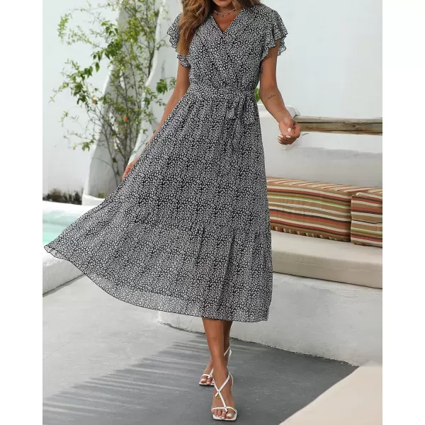 imageBTFBM Women Summer Bohemian Floral Casual Wrap V Neck Ruffle Cap Sleeveless Belt ALine Pleated Hem Swing Midi Sun DressBlack
