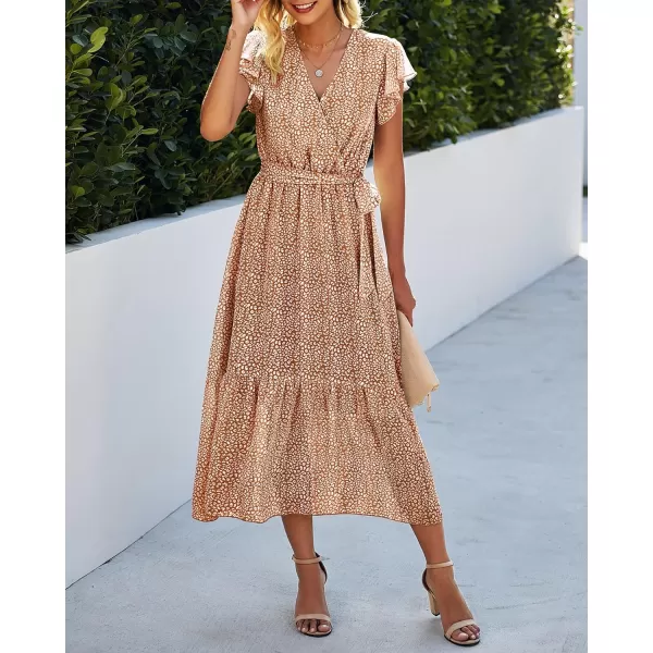 imageBTFBM Women Summer Bohemian Floral Casual Wrap V Neck Ruffle Cap Sleeveless Belt ALine Pleated Hem Swing Midi Sun DressCoffeeWhiteBrown