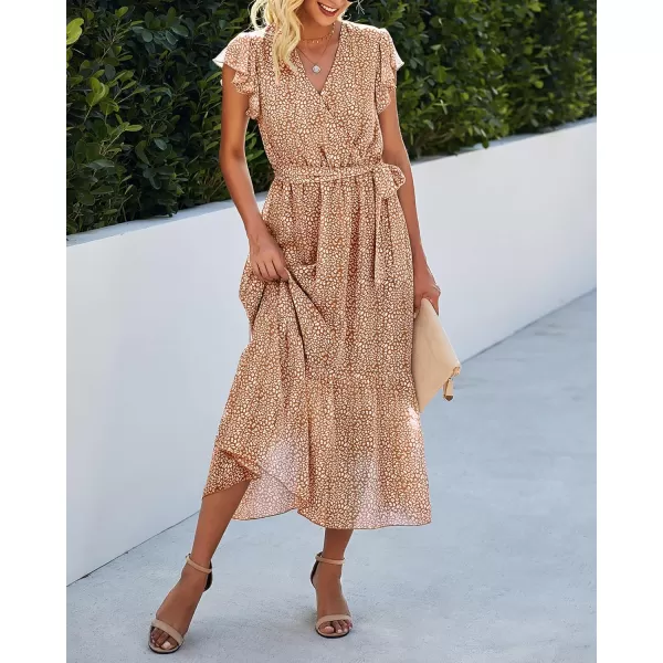imageBTFBM Women Summer Bohemian Floral Casual Wrap V Neck Ruffle Cap Sleeveless Belt ALine Pleated Hem Swing Midi Sun DressCoffeeWhiteBrown
