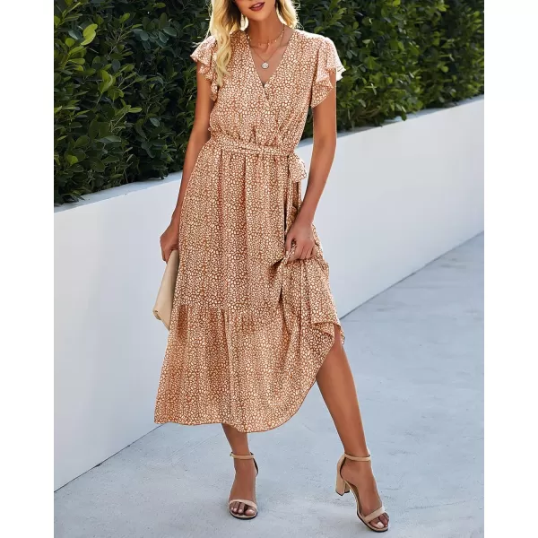 imageBTFBM Women Summer Bohemian Floral Casual Wrap V Neck Ruffle Cap Sleeveless Belt ALine Pleated Hem Swing Midi Sun DressCoffeeWhiteBrown