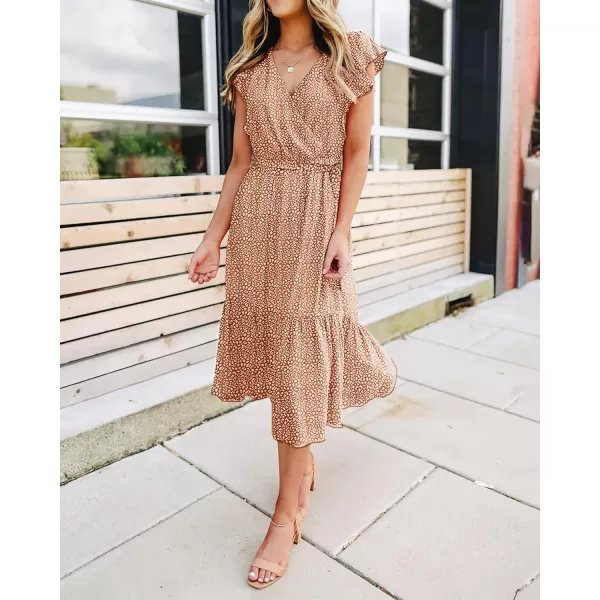 imageBTFBM Women Summer Bohemian Floral Casual Wrap V Neck Ruffle Cap Sleeveless Belt ALine Pleated Hem Swing Midi Sun DressCoffeeWhiteBrown