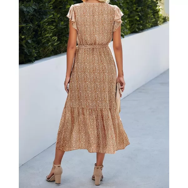 imageBTFBM Women Summer Bohemian Floral Casual Wrap V Neck Ruffle Cap Sleeveless Belt ALine Pleated Hem Swing Midi Sun DressCoffeeWhiteBrown
