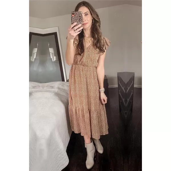 imageBTFBM Women Summer Bohemian Floral Casual Wrap V Neck Ruffle Cap Sleeveless Belt ALine Pleated Hem Swing Midi Sun DressCoffeeWhiteBrown