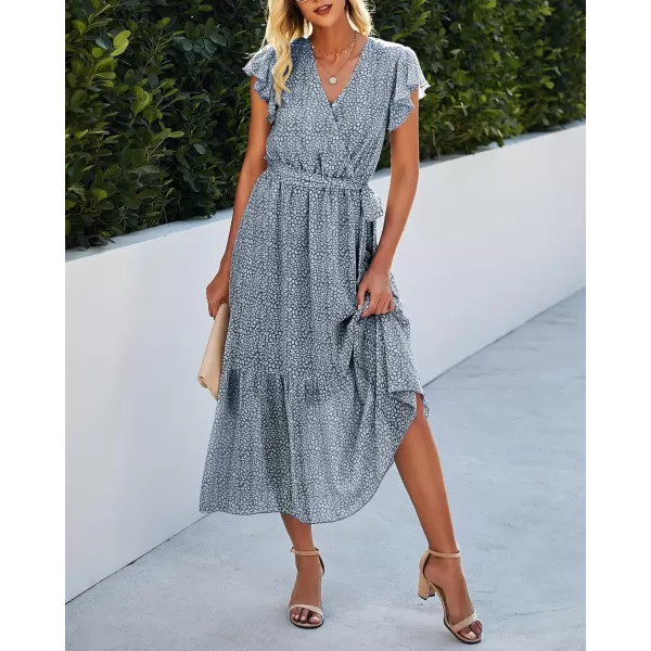 imageBTFBM Women Summer Bohemian Floral Casual Wrap V Neck Ruffle Cap Sleeveless Belt ALine Pleated Hem Swing Midi Sun DressDark Blue
