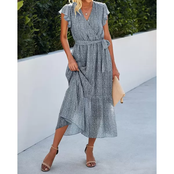imageBTFBM Women Summer Bohemian Floral Casual Wrap V Neck Ruffle Cap Sleeveless Belt ALine Pleated Hem Swing Midi Sun DressDark Blue