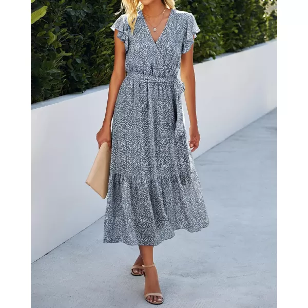 imageBTFBM Women Summer Bohemian Floral Casual Wrap V Neck Ruffle Cap Sleeveless Belt ALine Pleated Hem Swing Midi Sun DressDark Blue