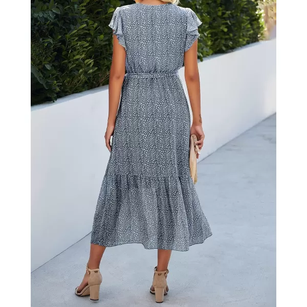 imageBTFBM Women Summer Bohemian Floral Casual Wrap V Neck Ruffle Cap Sleeveless Belt ALine Pleated Hem Swing Midi Sun DressDark Blue
