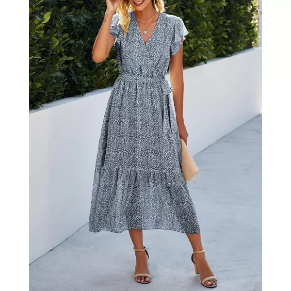 imageBTFBM Women Summer Bohemian Floral Casual Wrap V Neck Ruffle Cap Sleeveless Belt ALine Pleated Hem Swing Midi Sun DressDark Blue