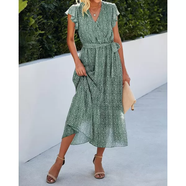 imageBTFBM Women Summer Bohemian Floral Casual Wrap V Neck Ruffle Cap Sleeveless Belt ALine Pleated Hem Swing Midi Sun DressDark Green