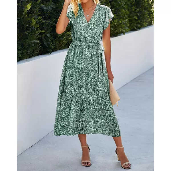 imageBTFBM Women Summer Bohemian Floral Casual Wrap V Neck Ruffle Cap Sleeveless Belt ALine Pleated Hem Swing Midi Sun DressDark Green