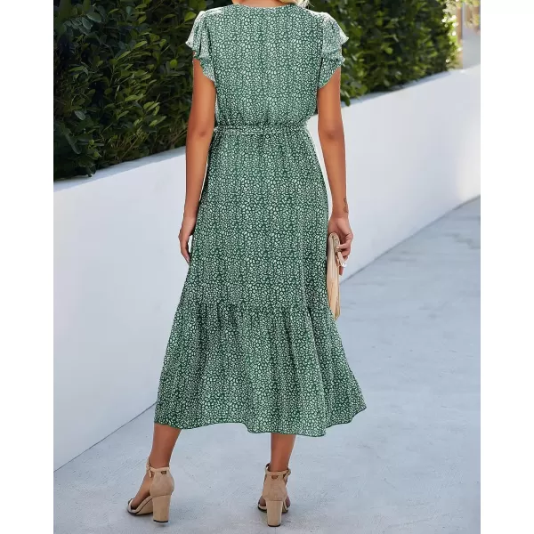 imageBTFBM Women Summer Bohemian Floral Casual Wrap V Neck Ruffle Cap Sleeveless Belt ALine Pleated Hem Swing Midi Sun DressDark Green