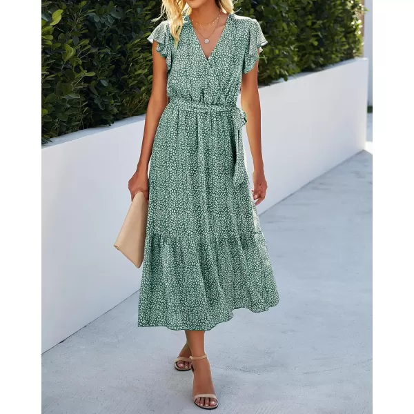 imageBTFBM Women Summer Bohemian Floral Casual Wrap V Neck Ruffle Cap Sleeveless Belt ALine Pleated Hem Swing Midi Sun DressDark Green