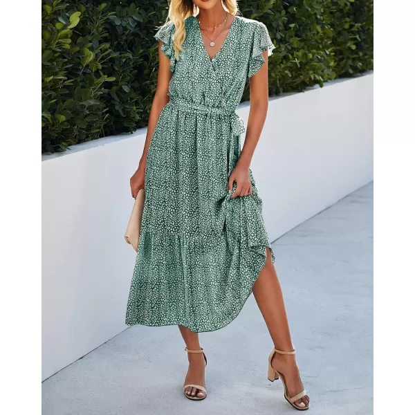 imageBTFBM Women Summer Bohemian Floral Casual Wrap V Neck Ruffle Cap Sleeveless Belt ALine Pleated Hem Swing Midi Sun DressDark Green