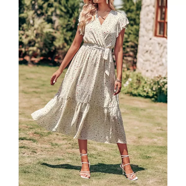 imageBTFBM Women Summer Bohemian Floral Casual Wrap V Neck Ruffle Cap Sleeveless Belt ALine Pleated Hem Swing Midi Sun DressFloral Apricot