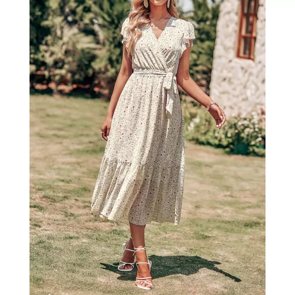 imageBTFBM Women Summer Bohemian Floral Casual Wrap V Neck Ruffle Cap Sleeveless Belt ALine Pleated Hem Swing Midi Sun DressFloral Apricot