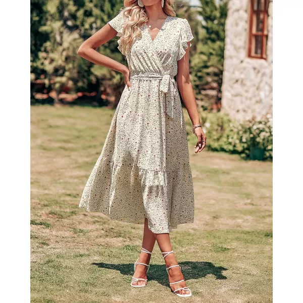 imageBTFBM Women Summer Bohemian Floral Casual Wrap V Neck Ruffle Cap Sleeveless Belt ALine Pleated Hem Swing Midi Sun DressFloral Apricot