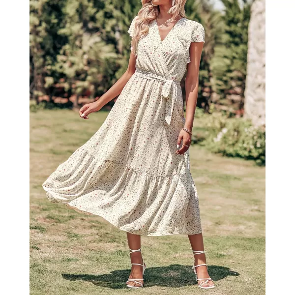 imageBTFBM Women Summer Bohemian Floral Casual Wrap V Neck Ruffle Cap Sleeveless Belt ALine Pleated Hem Swing Midi Sun DressFloral Apricot