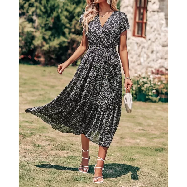 imageBTFBM Women Summer Bohemian Floral Casual Wrap V Neck Ruffle Cap Sleeveless Belt ALine Pleated Hem Swing Midi Sun DressFloral Black