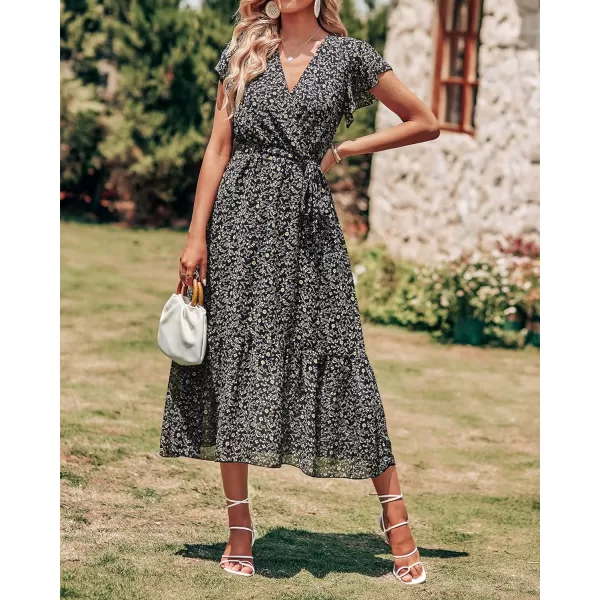 imageBTFBM Women Summer Bohemian Floral Casual Wrap V Neck Ruffle Cap Sleeveless Belt ALine Pleated Hem Swing Midi Sun DressFloral Black