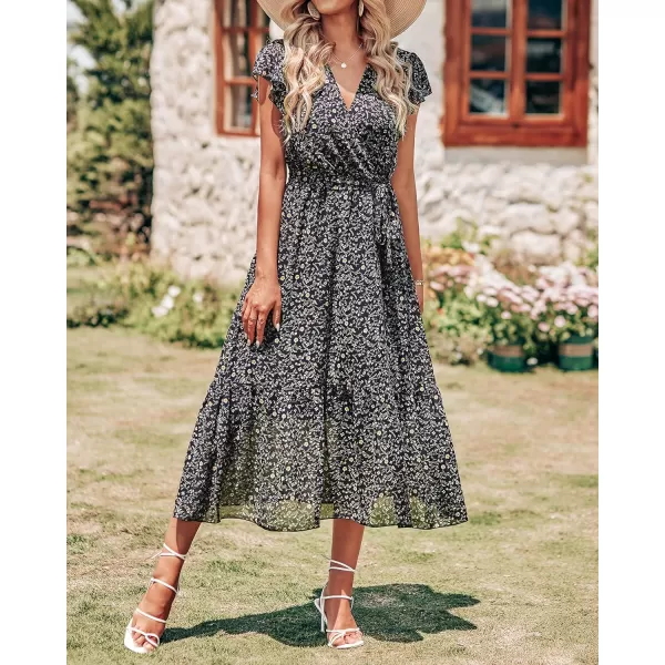 imageBTFBM Women Summer Bohemian Floral Casual Wrap V Neck Ruffle Cap Sleeveless Belt ALine Pleated Hem Swing Midi Sun DressFloral Black