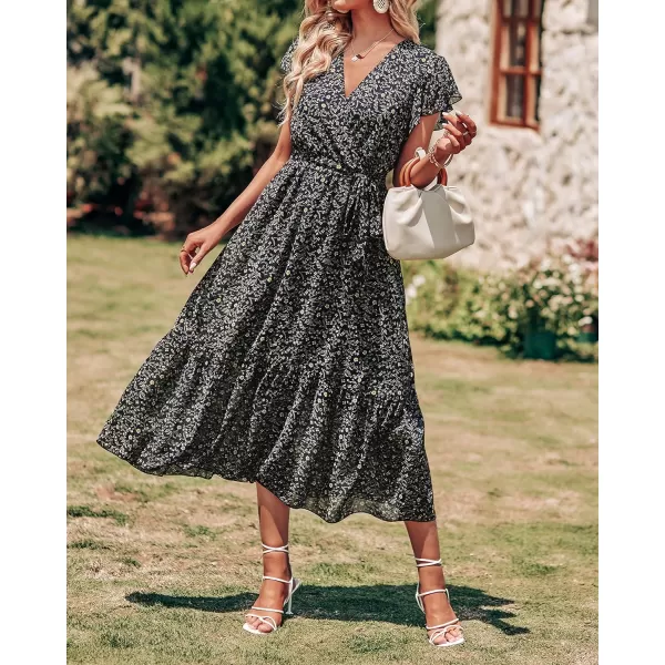imageBTFBM Women Summer Bohemian Floral Casual Wrap V Neck Ruffle Cap Sleeveless Belt ALine Pleated Hem Swing Midi Sun DressFloral Black