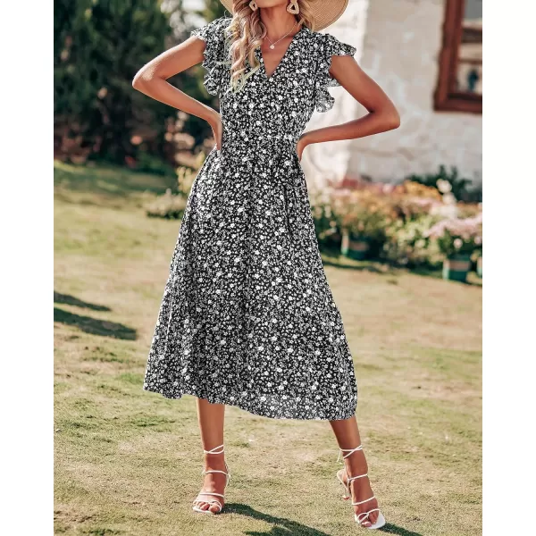 imageBTFBM Women Summer Bohemian Floral Casual Wrap V Neck Ruffle Cap Sleeveless Belt ALine Pleated Hem Swing Midi Sun DressFloral White Black