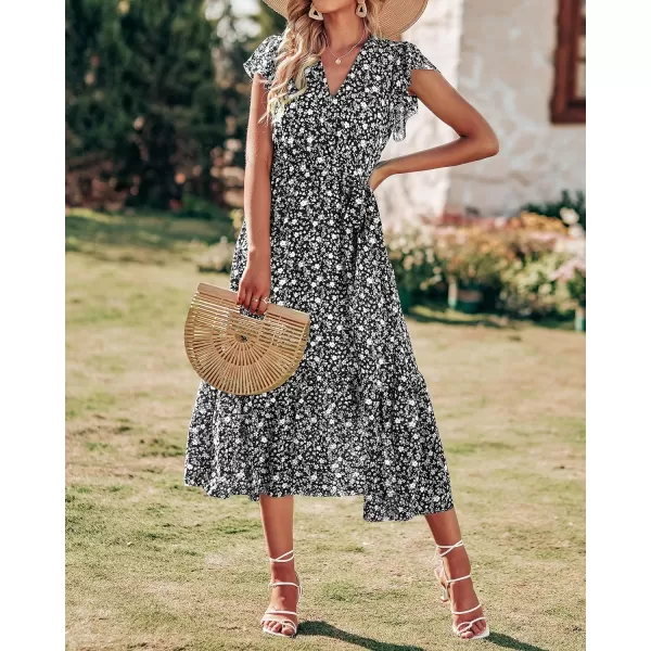 imageBTFBM Women Summer Bohemian Floral Casual Wrap V Neck Ruffle Cap Sleeveless Belt ALine Pleated Hem Swing Midi Sun DressFloral White Black