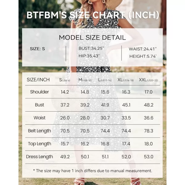 imageBTFBM Women Summer Bohemian Floral Casual Wrap V Neck Ruffle Cap Sleeveless Belt ALine Pleated Hem Swing Midi Sun DressFloral White Black