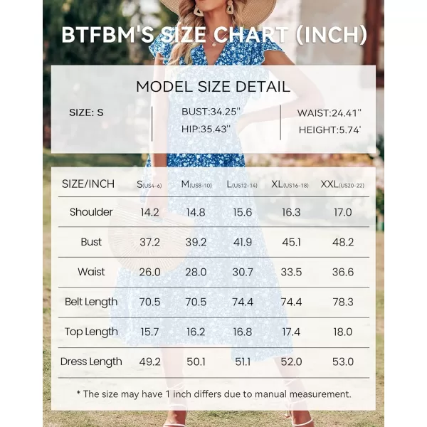 imageBTFBM Women Summer Bohemian Floral Casual Wrap V Neck Ruffle Cap Sleeveless Belt ALine Pleated Hem Swing Midi Sun DressFloral White Blue