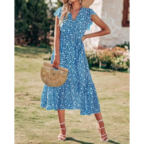 imageBTFBM Women Summer Bohemian Floral Casual Wrap V Neck Ruffle Cap Sleeveless Belt ALine Pleated Hem Swing Midi Sun DressFloral White Blue