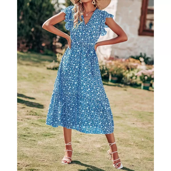 imageBTFBM Women Summer Bohemian Floral Casual Wrap V Neck Ruffle Cap Sleeveless Belt ALine Pleated Hem Swing Midi Sun DressFloral White Blue